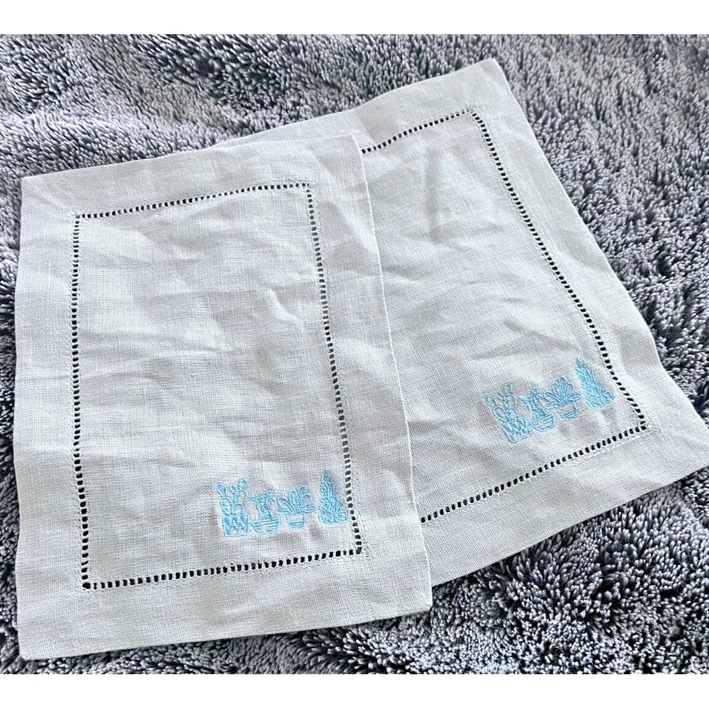 Sferra Vintage Embroidered Gray Linen Cocktail Napkins - Set of 2 Floral Napkins